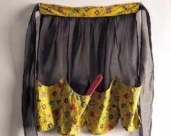 Sheer Black Yellow Print Apron Handmade Many Pockets 50s Apron