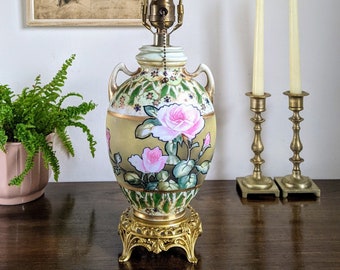 Antique Nippon Lamp Japanese Hand Painted Porcelain Gold Green Pink Table Lamp Gold Base