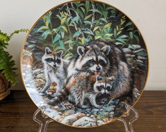 The Danbury Mint Woodland Creatures Raccoon Family 1991 Amy Brackenbury Ceramic Wall Art Collectible Plate