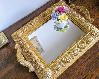 Ornate Gold Mirror Tray Handles Hollywood Regency Large Gilt Plaster Frame Bedroom Bathroom Vanity Decor