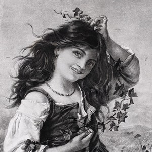 May include: A black and white vintage illustration of a young person with long, wavy hair. The person is wearing a dress and holding a vine with leaves. The illustration has a soft, romantic feel.
