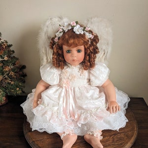 Denise McMillan Angel Doll Large Porcelain Artist Designed Doll Signed Real Feather Wings Red Curls Green Eyes 27 Inch