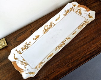 Long Limoges Tray Fish Salmon Large Antique Gold White Porcelain  CFH GDC Charles Haviland Serving Tray