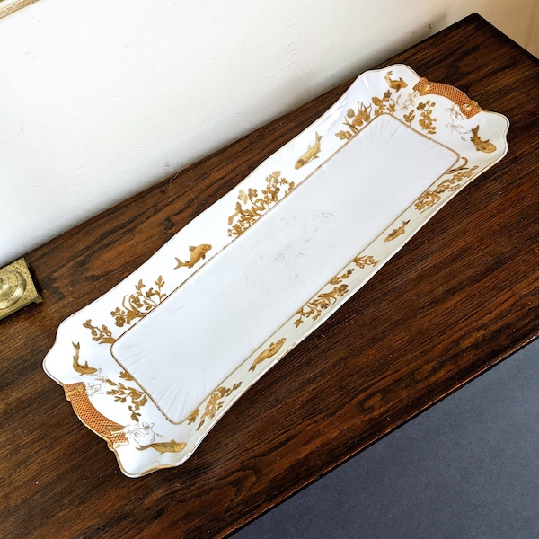 Long Limoges Tray Fish Salmon Large Antique Gold White Porcelain  CFH GDC Charles Haviland Serving Tray