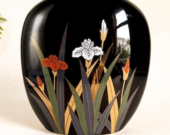 Otagiri Black Vase Japan Gold Floral Iris Decor