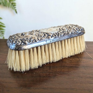 Antique Sterling Clothes Brush Broadway Silver Repousse English Luxury Natural Bristles Hair Pet Brush Broadway & Co