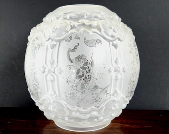 Antique Glass Ball Shade Fluid Lamp Craighead And Kintz Molded Frosted Etched 6 Scenes Of Cupid And Castles Victorian Paneled