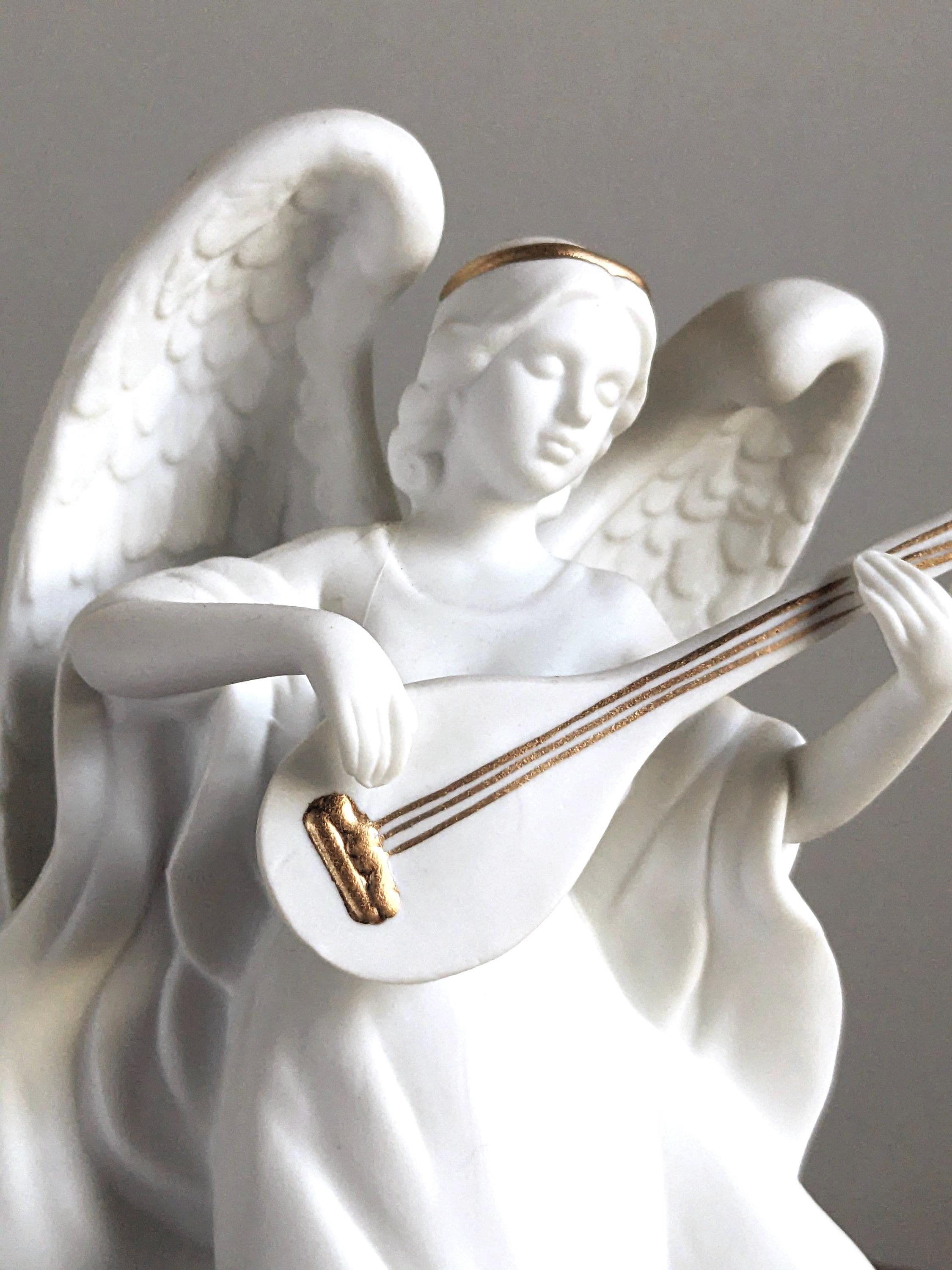 White Bisque Angel Enesco Tendernest 1987 White Gold Musical Figurine Playing Lute 8 Inch