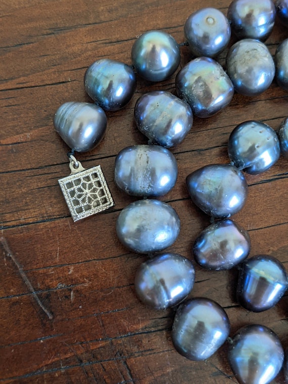Peacock Pearl Necklace Large Oval Iridescent Blue… - image 4
