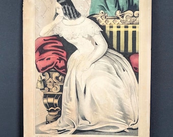 N. Currier Print Antieke Lithografie Louisa Victoriaanse Kunst 19e-eeuwse Handgekleurde Print Wanddecoratie