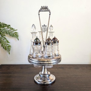 Antique Cruet Set Silver Plated Stand Etched Crystal Glass Six Bottles Meriden B Company Victorian Table