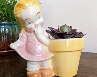 40s Small Planter Little Girl Figurine USA Yellow Pink Childs Room Pottery Planter Window Sill Succulent Pot Decor