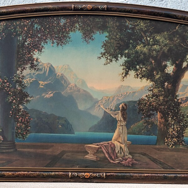 RESERVED for MARSHA Robert Atkinson Fox Dawn 1920 Turquoise Landscape Lithographic Art Print Antique Curved Corner Faux Finish Frame