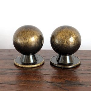 Small Ball Knob Pair Brushed Antiqued Brass Mid Century Style Drawer Hardware Set Of Two