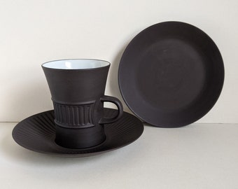 Rare Dansk Flamestone Black Matte Fluted Cup Saucer Smooth Small Plate Quistgaard Denmark Scandinavian Modern MCM Dinnerware Jens Quistgaard