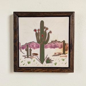 Southwest Art Tile Trivet Framed Hand Painted New Mexico Cactus Desert Landscape Kitchen Wall Art Gift