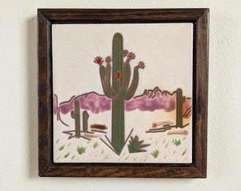 Southwest Art Tile Trivet Framed Hand Painted New Mexico Cactus Desert Landscape Kitchen Wall Art Gift