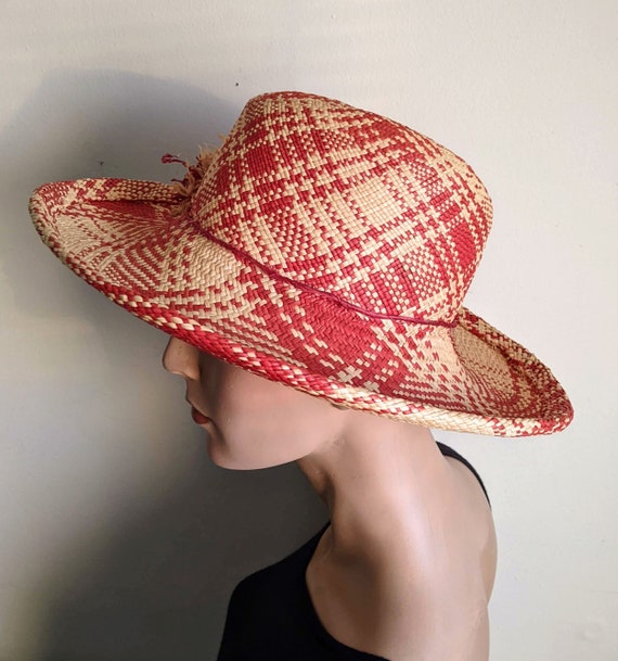 Raffia Panama Hat Designer Red Cream Plaid Straw … - image 5