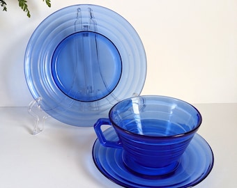 Moderntone Set Hazel Atlas Set Cobalt Blue Glass Plate Cup Saucer