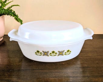 Milchglas Auflaufform Anchor Hocking Oval bedeckte Schüssel mit Deckel Servierplatte 1,5 Quart Fire King Meadow Green Ovenware