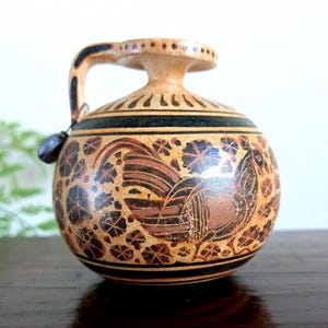 Greek Pottery Replica Terracotta Aryballos Perfume Vase Early Corinthian 550 BC Swan Rooster Miniature Museum Signed