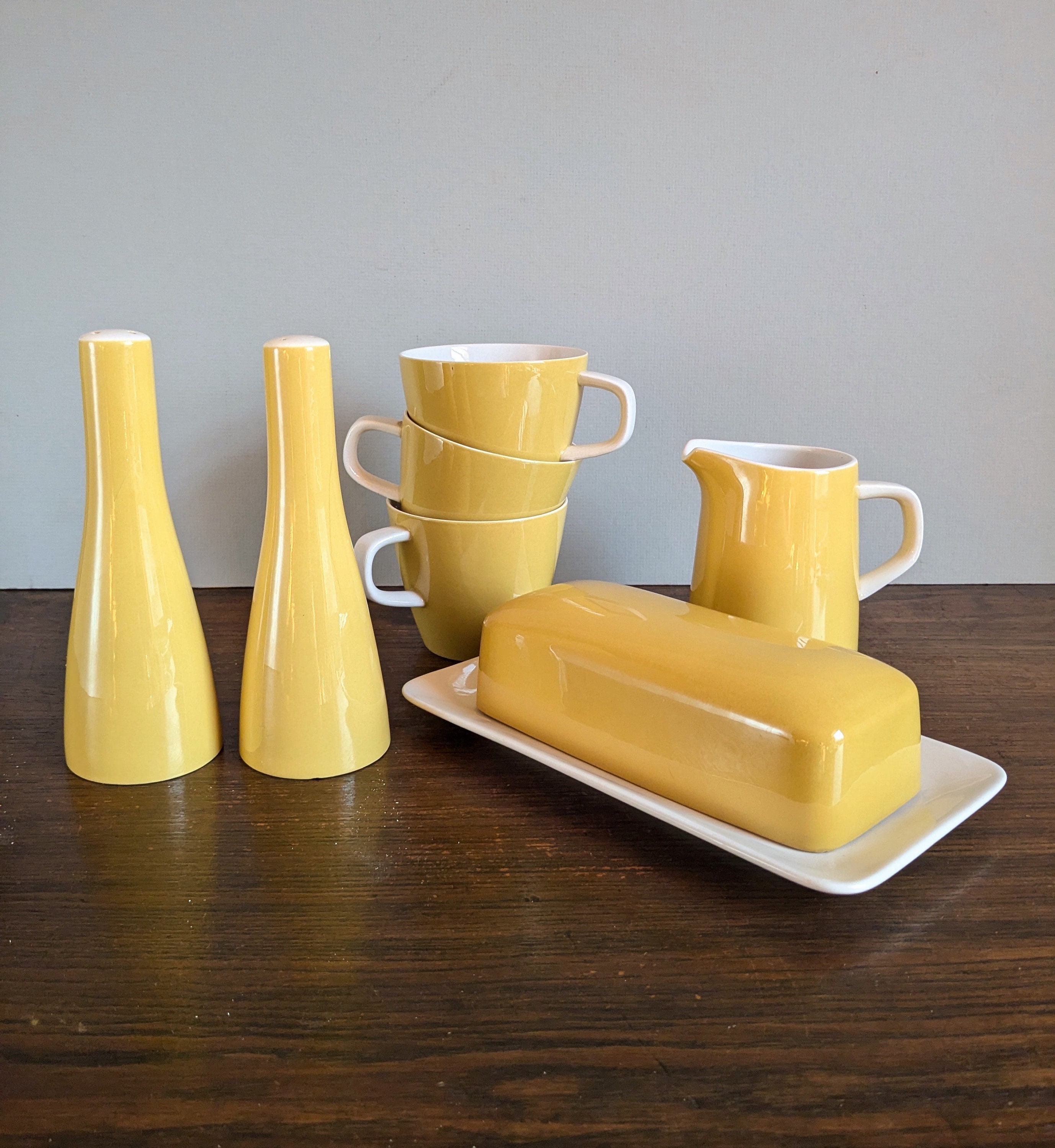 Mikasa Cerastone Butter Dish Shakers Creamer Cups Yellow Ochre White Mid Century Ironstone Japan