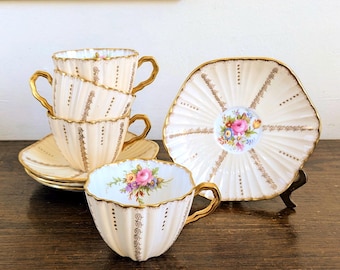 EB Foley Teacup Saucer ONE English Bone China Pale Pink Peach Gold Ribbed Hand Painted Floral