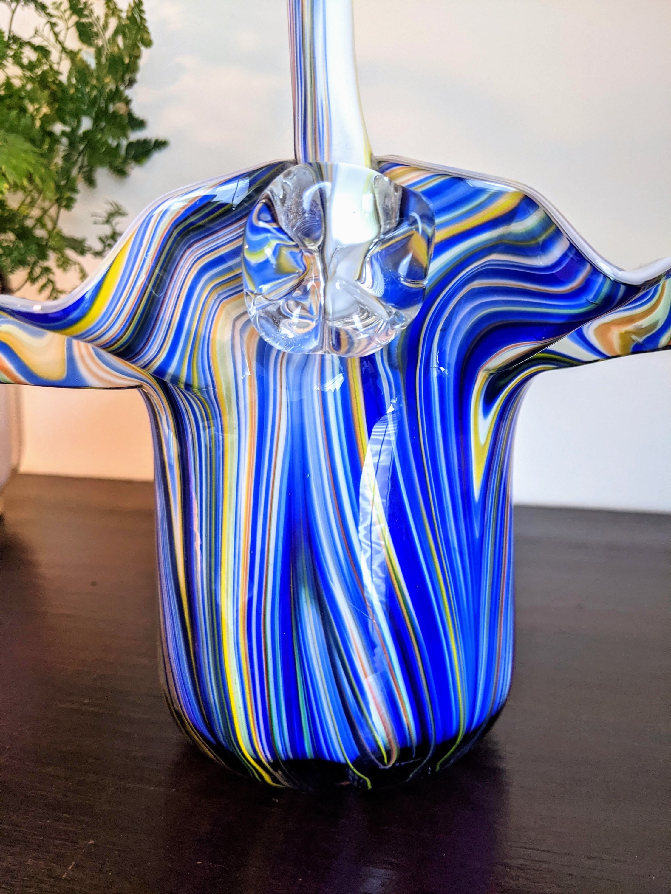 Art Glass Basket Vase Blown Glass Cobalt Blue White Striped Etsy