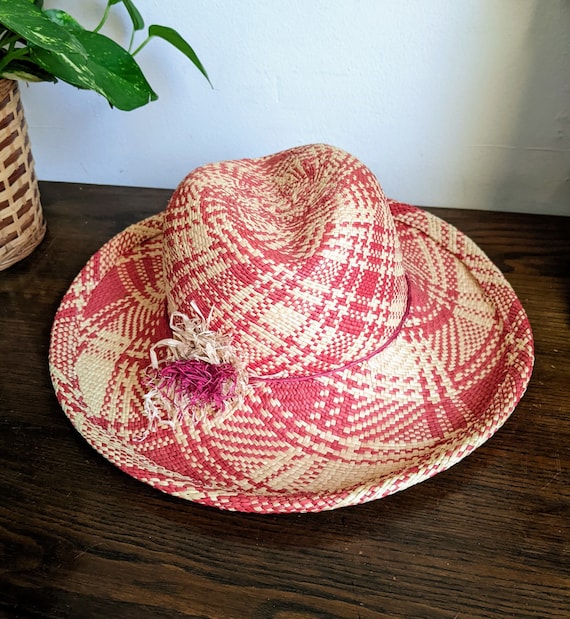 Raffia Panama Hat Designer Red Cream Plaid Straw … - image 8