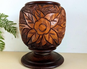 Carved Wood Planter Large Footed Pedestal Flower Pineapple Tropical Carribean Decor
