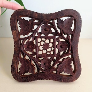 Carved Wood Trivet India Hand Carved Made In India Boho Kitchen Gift