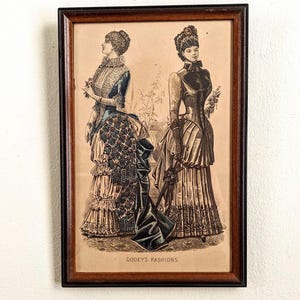 Godeys Fashions Framed Hand Colored Victorian Two Women Fancy Dress Vertical