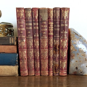 Robert Louis Stevenson Antique Book Set Red Leather Gilt Gold 7 Volumes 1906-19 RLS