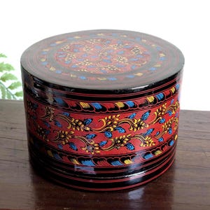 Burmese Lacquerware Box Round Decorative Colorful Incised Lacquer Made in Burma Myanmar Small Storage Box