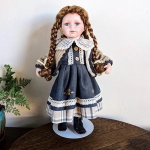 Country Girl Porcelain Doll Seymour Mann Long Auburn Red Hair Braids Curls Ringlets Blue Eyes 16 Inch Stand