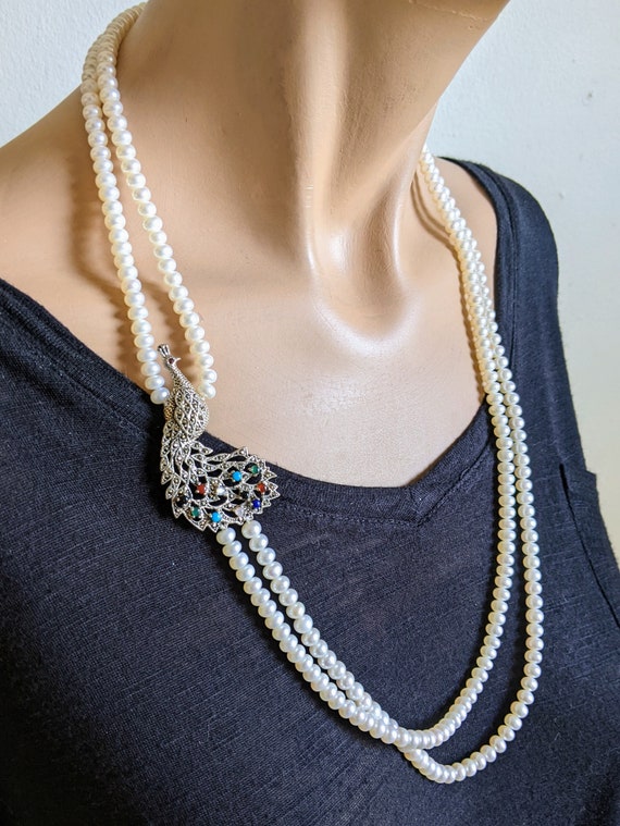 Long Pearl Double Strand Necklace Jeweled Peacock… - image 2