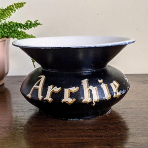 Antique Spittoon Cast Iron Porcelain Black White Gold Hand Painted Cuspidor Personalized Name Tavern Barroom Saloon Relic