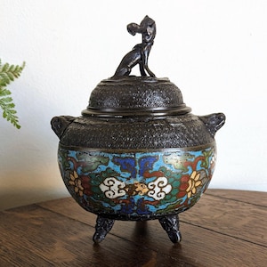 Antique Japanese Incense Burner Bronze Enamel Champleve Cloisonne Censer
