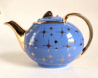 Hall Gold Star Teapot Periwinkle Blue Starburst Hook Cover Lid 0749 Mid Century Modern MCM 24K Gold 6 Cups