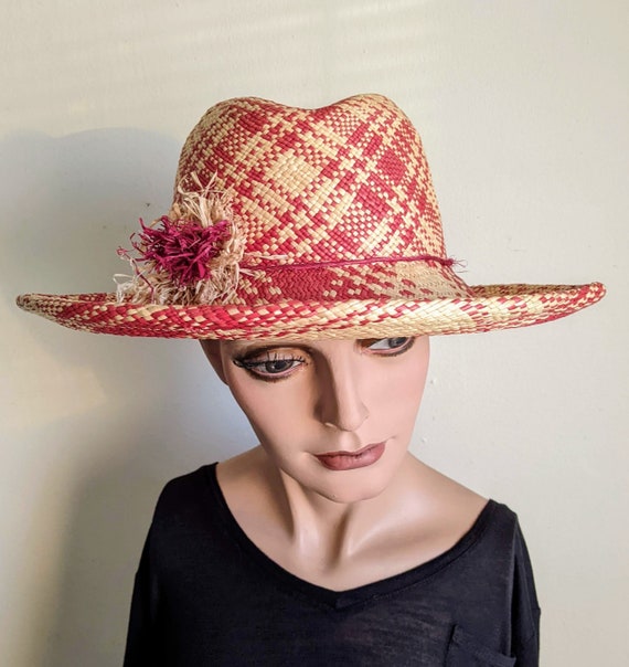 Raffia Panama Hat Designer Red Cream Plaid Straw … - image 3