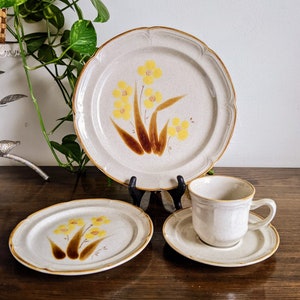 70s Stoneware Japan Dinnerware Set Plate Cup Saucer Hearthside Classics Wellington Hand Painted Rustic Yellow Brown Floral Serving Set