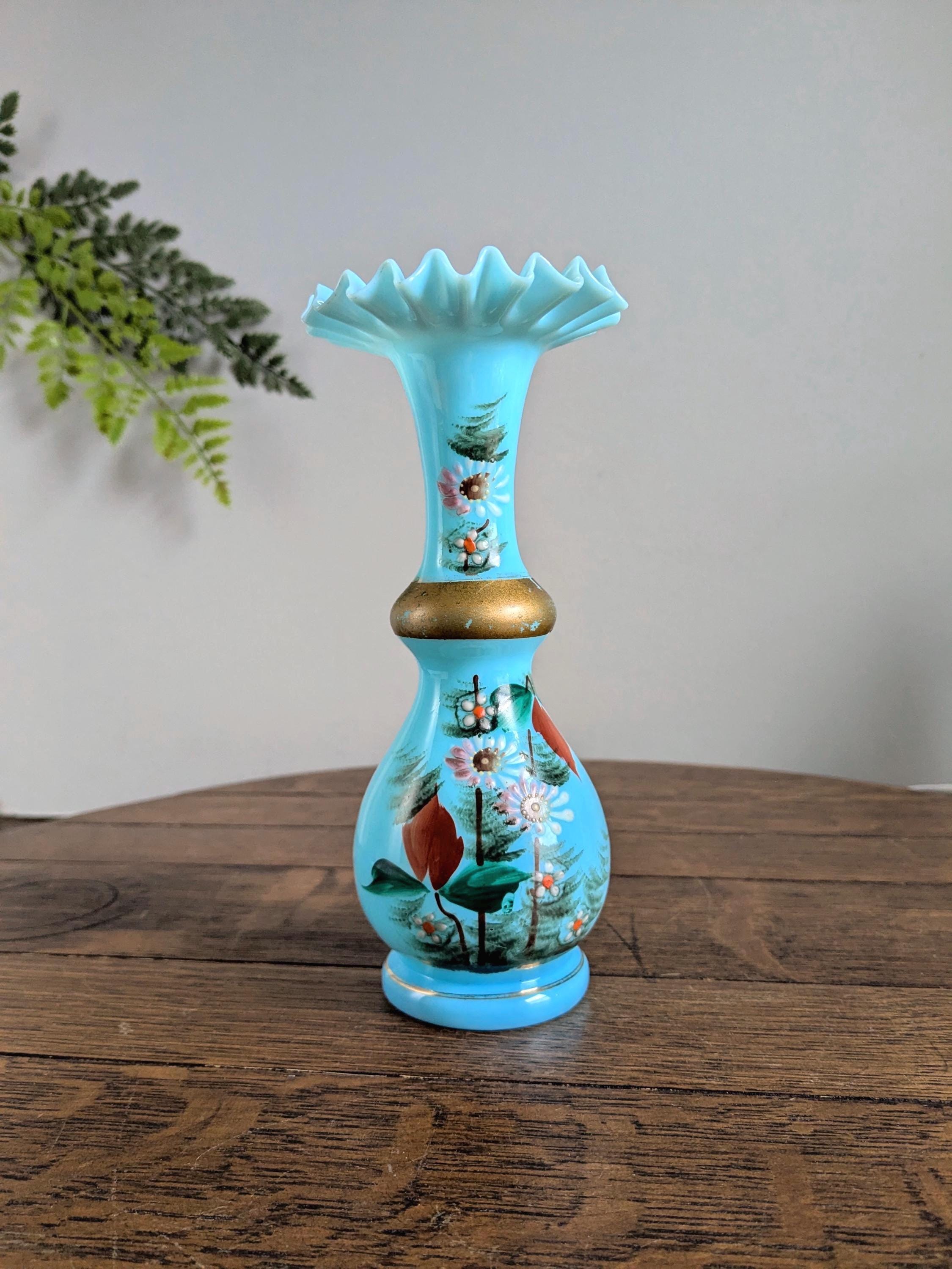 Blue Bristol Glass Vase Hand Painted Antique Victorian Opaque Turquoise Ruffles
