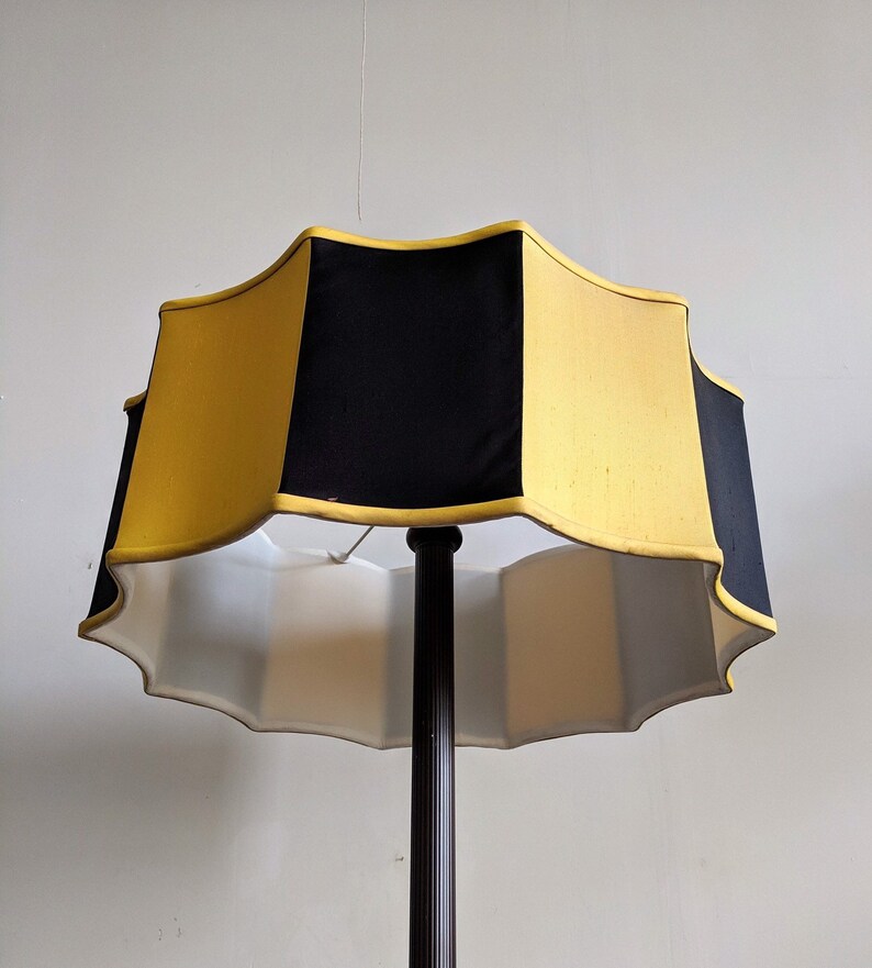Large Mcm Silk Lamp Shade Stonegate Yellow Black Multi Faceted Round Lampshade Dramatic Floor Inverted Scallop Multipaneled
