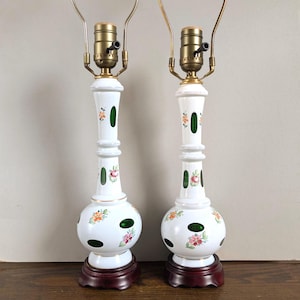 Pair Boudior Lamps Bohemian White Glass Cut To Green Czech Pink Orange Painted Flowers