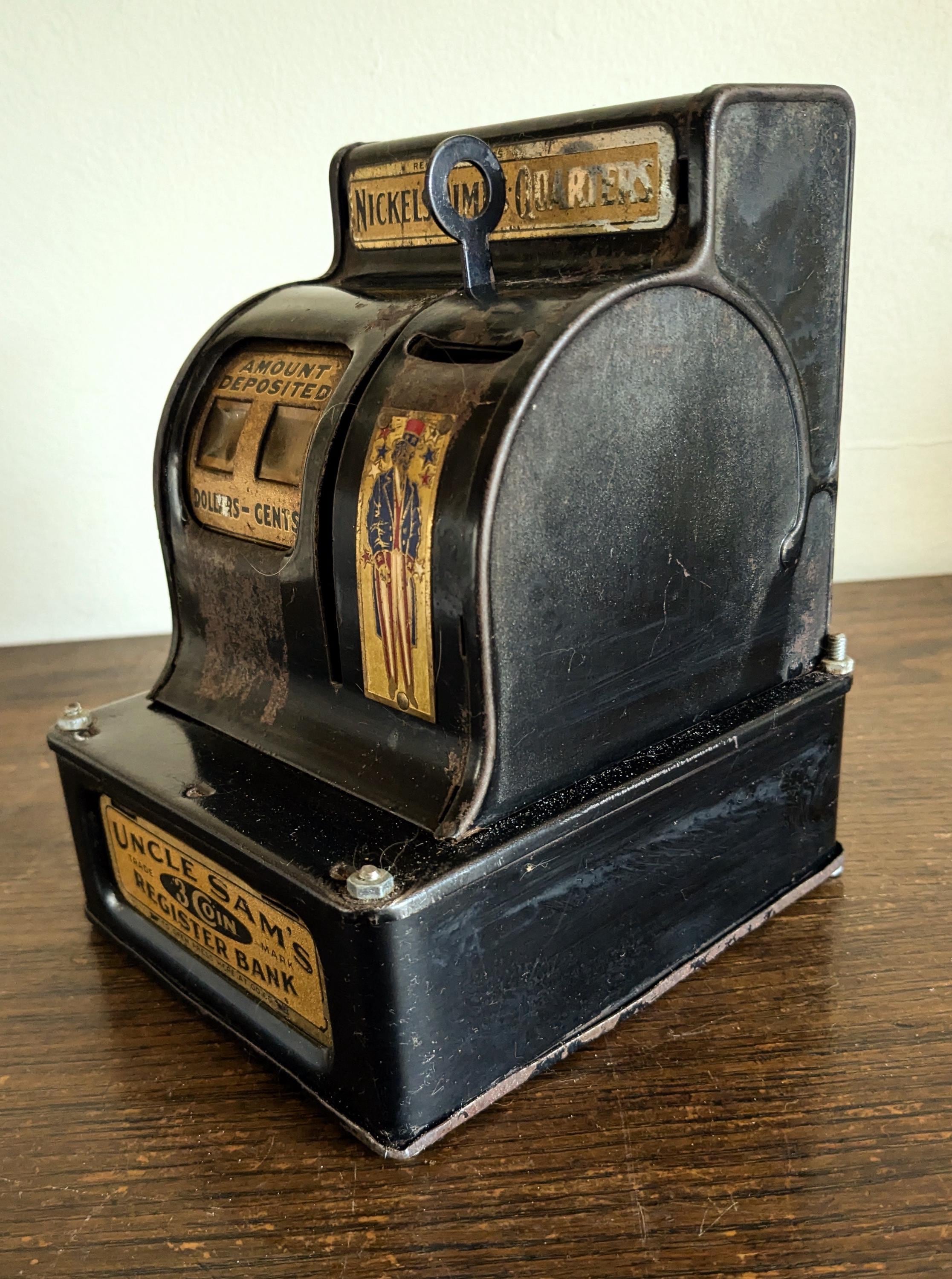Antique Coin Bank Uncle Sams 3 Coin Register Bank Rare Stamped