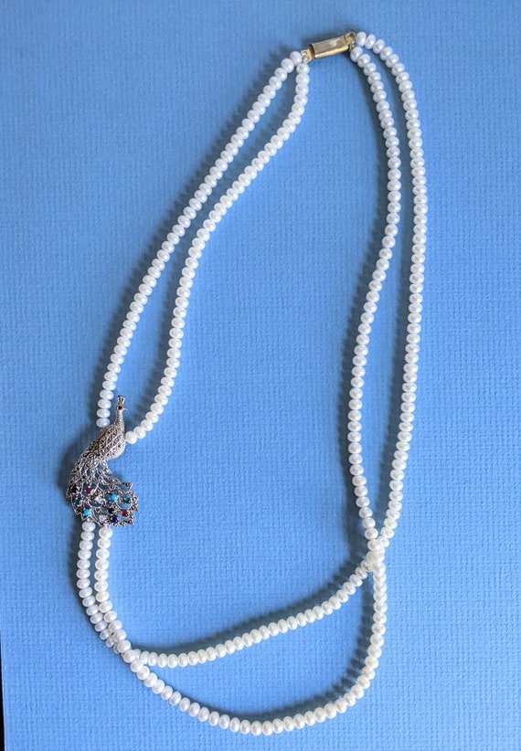 Long Pearl Double Strand Necklace Jeweled Peacock… - image 4