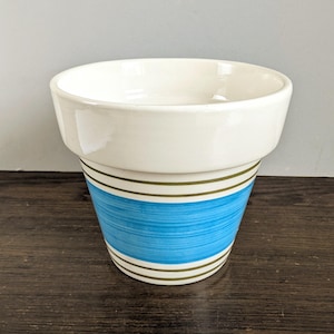 Stangl Planter Hand Painted Turquoise Band Olive Stripes Plant Pot White Pottery Decor