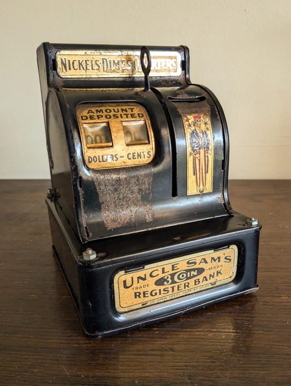 Antique Coin Bank Uncle Sams 3 Coin Register Bank Rare Stamped