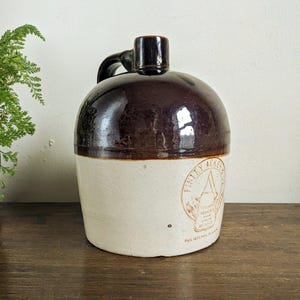 Antique Two Tone Stoneware Jug Finley Acker & Co Brown White Jug Advertising Philadelphia PA Collectible Crock