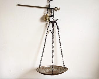 Antique Hanging Scale Steelyard Wrought Iron Brass Counterweight Hammered Copper Pan